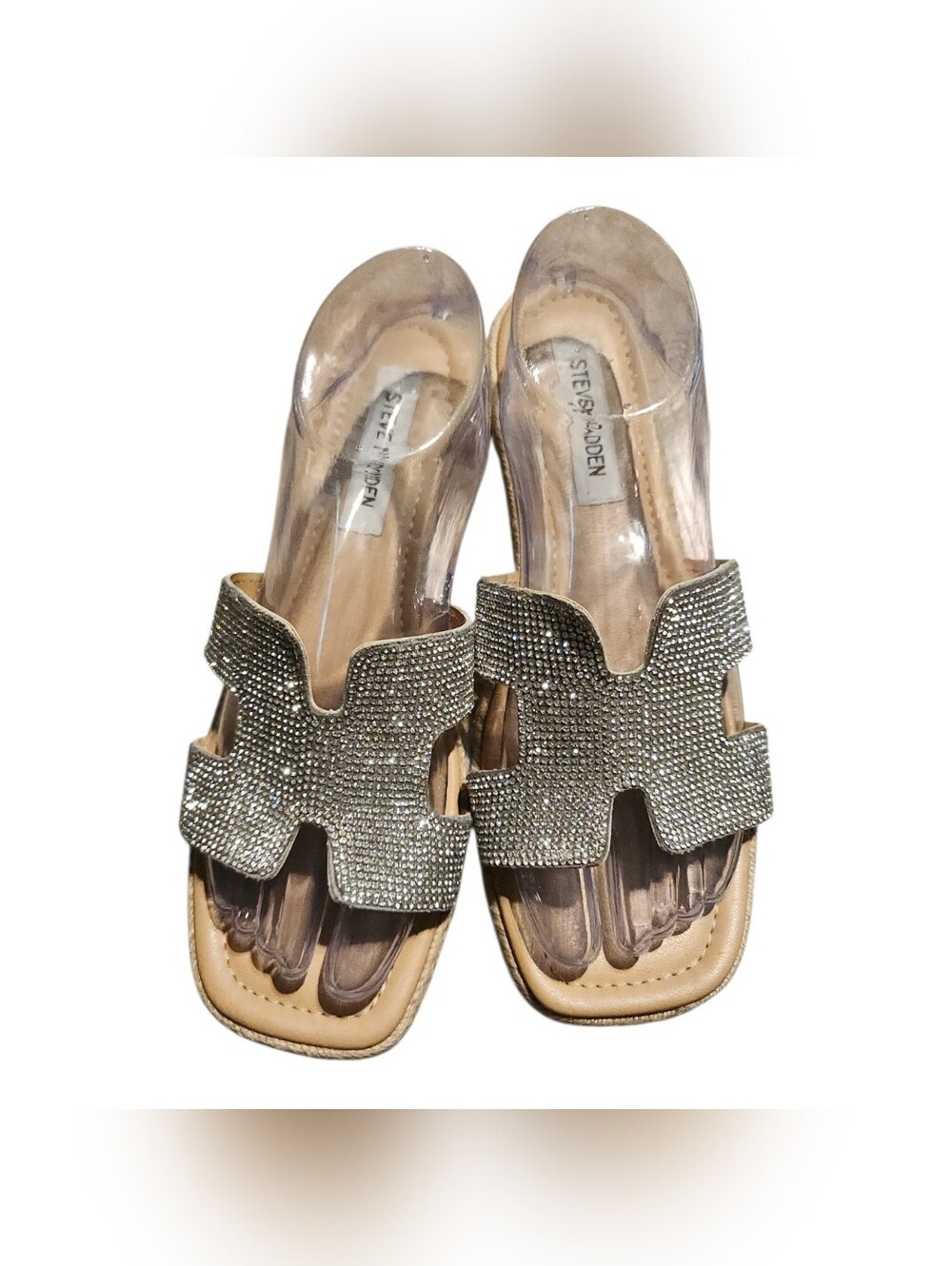 Steve Madden Silver Rhinestone Slide Sandals 8.5m Bridal Resort Travel Glam